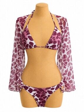 SHEIN 3 Piece Bikini Set Brown Abstract Print Mesh Cover Up Halter Swimwear S